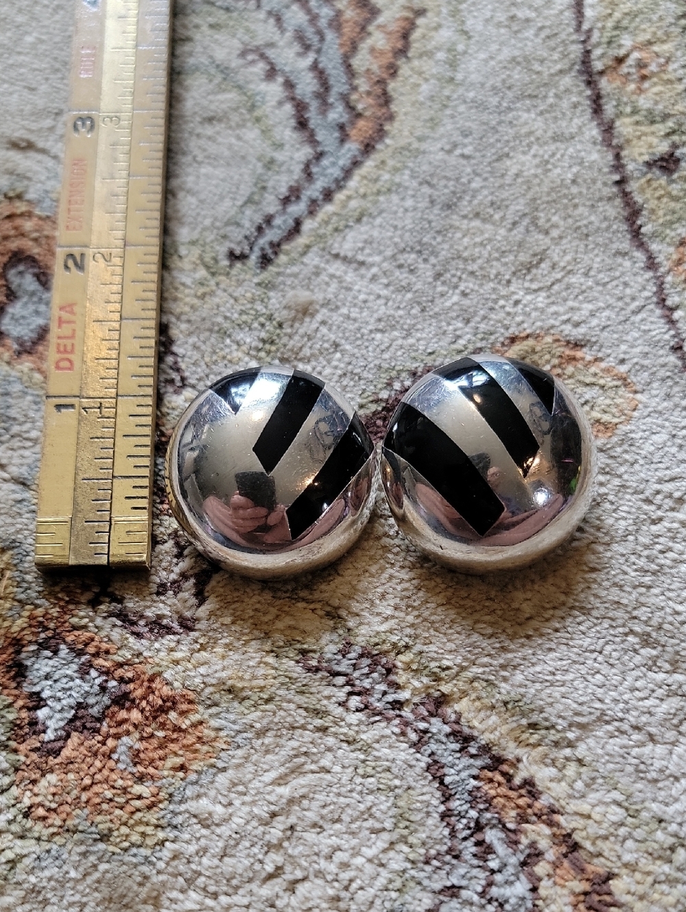 Silver 925 Sterling Mexico Round Button Clip on Earrings w/ Black Stripe Accent